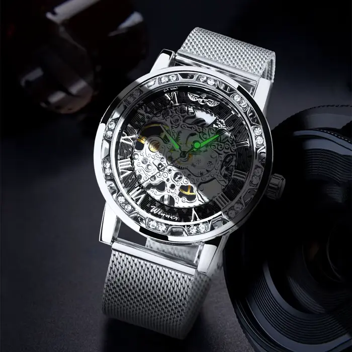Montre rétro mécanique T-WINNER en acier inoxydable avec bracelet en cuir pour homme occassions spéciales vintage élégante
