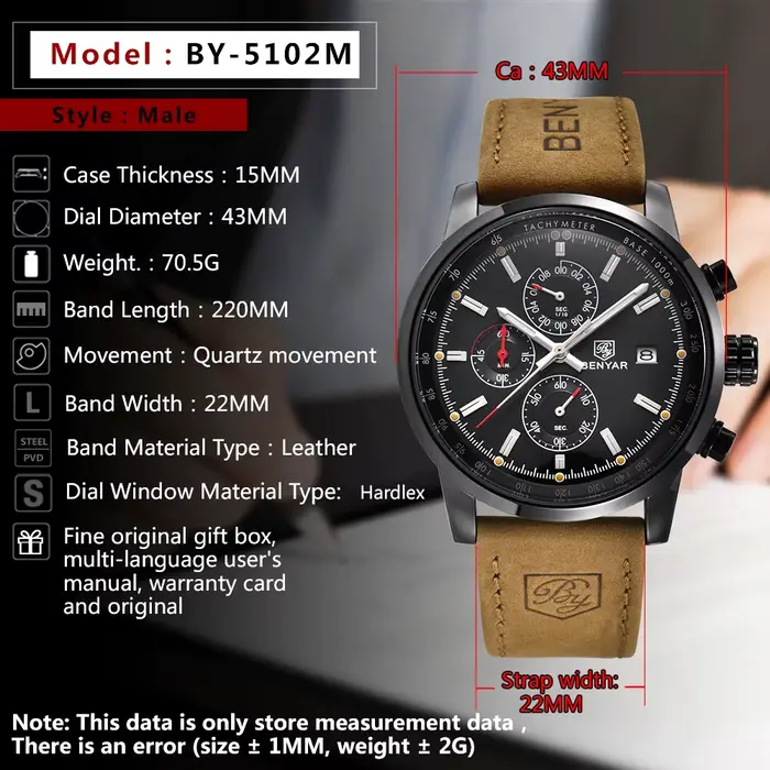 BENYAR Chronographe dehors Hommes Montres Top Marque De Luxe Montre À Quartz Horloge Tous Poquinze Travail Étanche