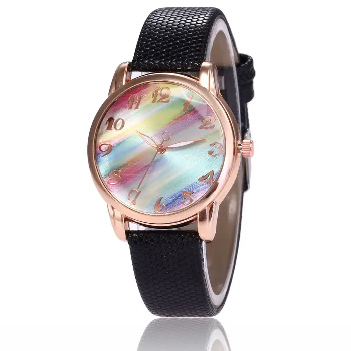 Femmes mode arc-en-ciel Montre bracelet en cuir Montre-bracelet décontracté dames