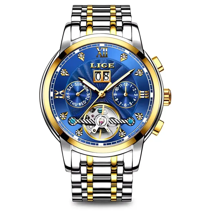 Montre automatique LIGE pour homme, montre-bracelet mécanique de luxe originale avec squelette et to