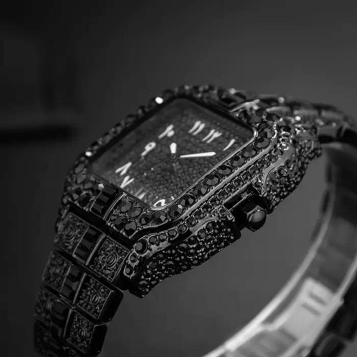 Montres pour hommes en diamant noir glacé Hip Hop Cool mâle femme montre à Quartz avec calendrier horloge à main lumineuse livraison directe