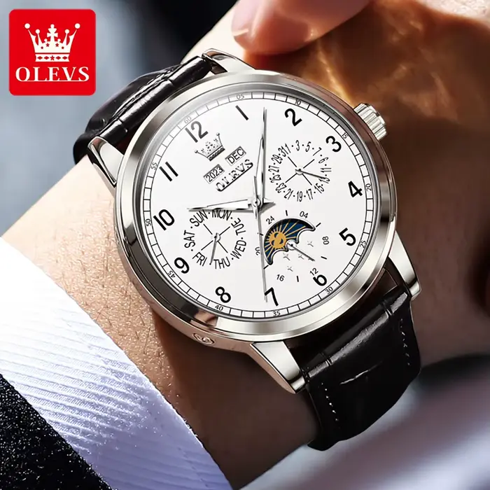 Montre mécanique OLEVS en cuir pour homme, phase de lune, étanche, calendrier touristique, élégante à offrir pour occasions spéciales