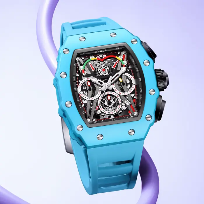 ONOLA 6827CK Nouvelle Montre à Quartz Design Tonneau Multifonctionnelle Étanche avec Bracelet en Silicone pour Homme Reloj