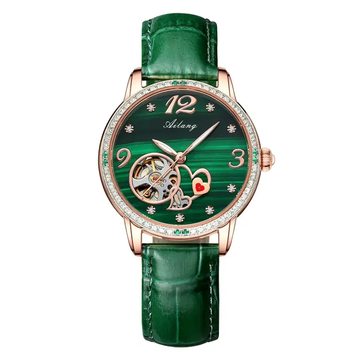 Montre mécanique pour femme LUCKY GIRL, entièrement sertie de diamants, cadran texturé vert malachit