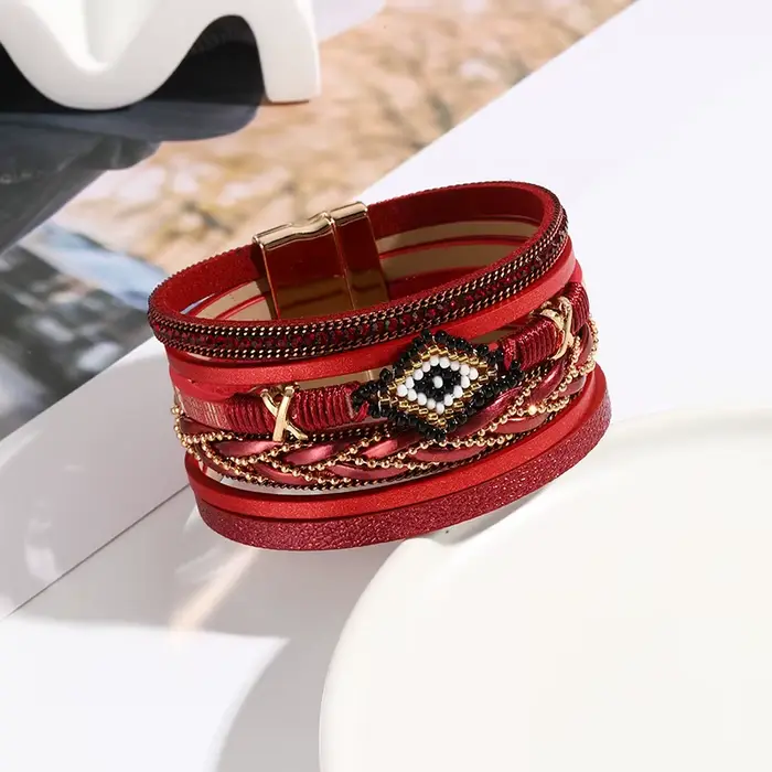 Bracelet en cuir multicouche tissé à la main pour femmes