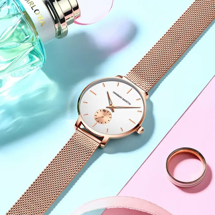 HANNAH MARTIN Top marque femmes montre 1335 synchronisation sous-cadran en acier inoxydable maille mouvement à Quartz