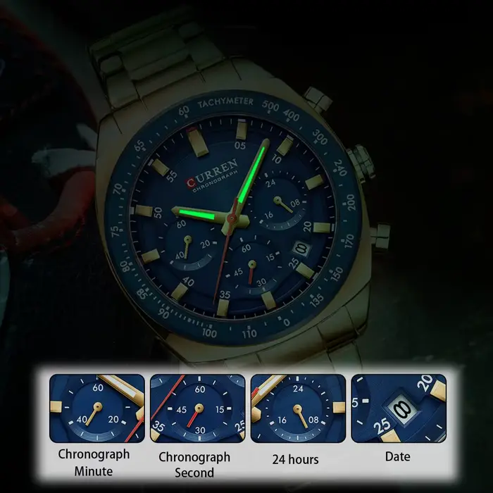 Nouvelle Montre Curren 8497 Chronographe Homme Bracelet Acier Inoxydable Aiguilles Lumineuses Date Étanche Quartz Occasions Spéciales Casual Fashion