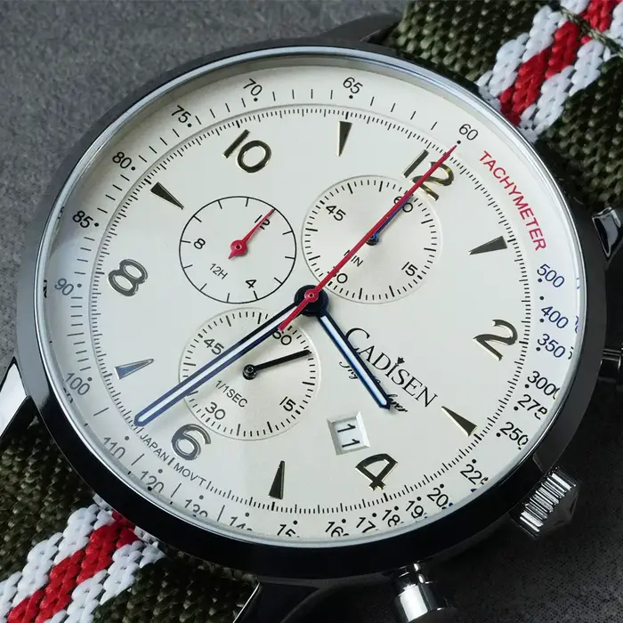Montre à quartz Cadisen, multifonction, verre saphir, étanche 10 ATM, chronomètre, aiguille des secondes, montre-bracelet