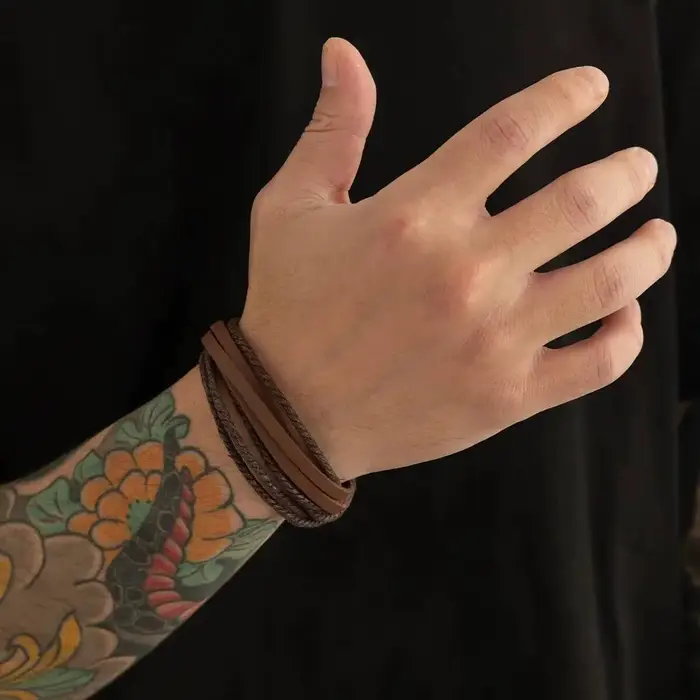Vintage marron cuir Bracelets pour hommes Simple mode multicouche tressé corde chaîne bracelet mâle nouveaux bijoux