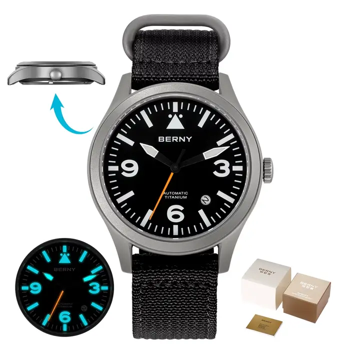 Montre-bracelet mécanique d'aviation pour hommes BERNY, avec revêtement saphir anti-reflet, super lu