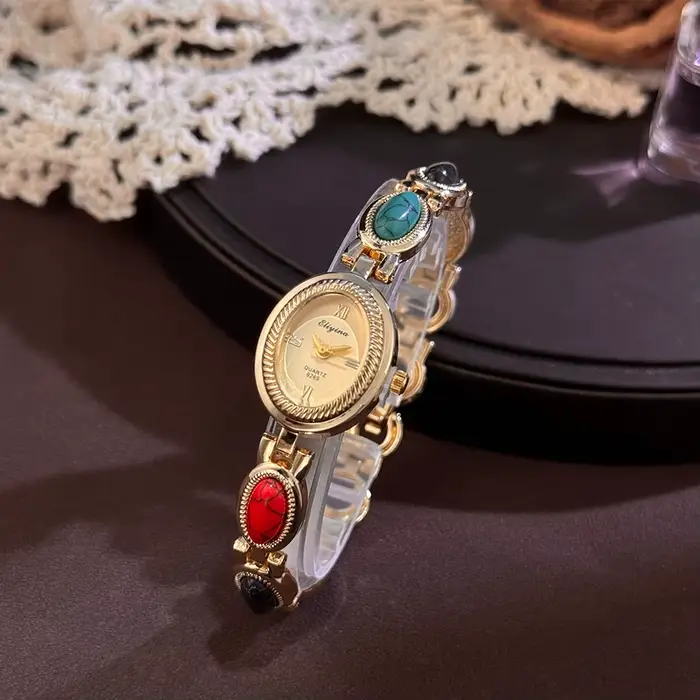 Montre à Quartz pour femmes, avec pierres précieuses colorées, Bracelet en alliage de Lithium, boîti