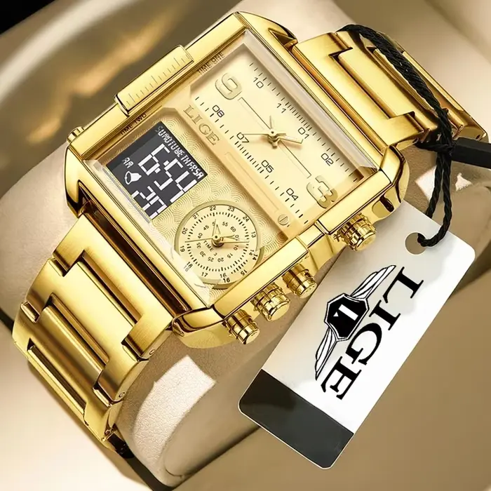 LIGE – montre à Quartz dorée pour hommes