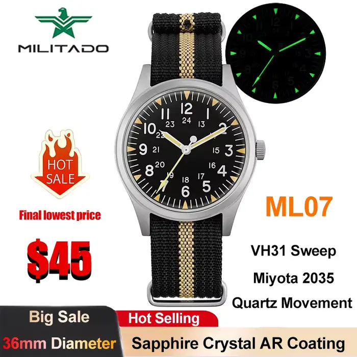 Militado ML07 montres à Quartz VH31/Miyota 2035 mouvement bombé saphir cristal montre militaire 100m étanche lumineux