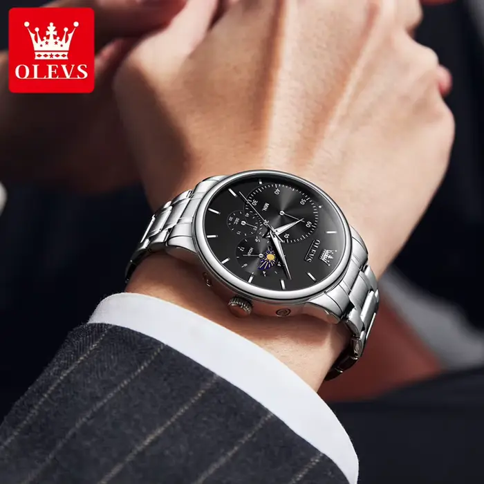 OLEVS montres pour hommes Top marque affaires mode acier fin marque originale montre-bracelet à Quartz pour homme Phase de lune chronographe grand