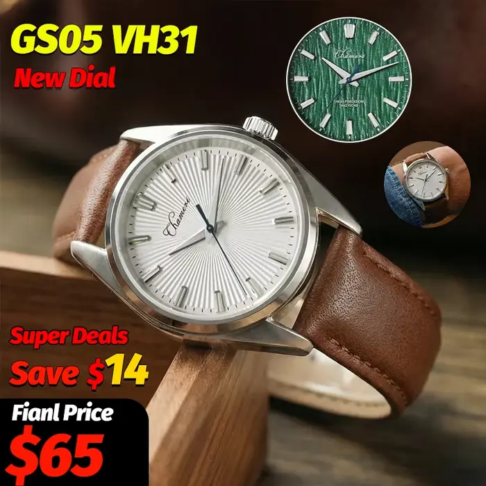 Watchdives GS05 37Mm Montres à quartz vintage Texture soleil VH31 Montre bracelet en cuir Verre saphir 100M Étanche Montre-bracelet pour homme