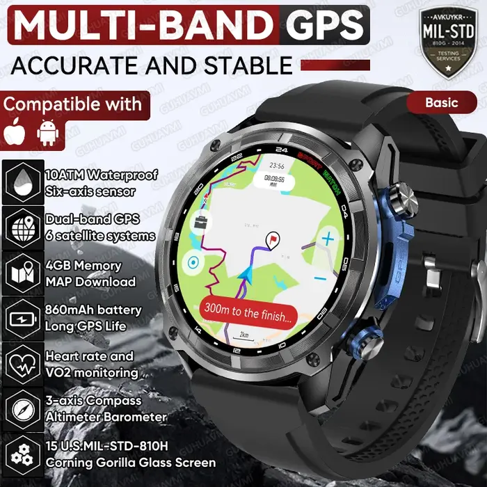 Montre connectée GPS avec carte terrain, résistante aux chocs, pour sportifs et aventuriers, suivi de fitness, sommeil et fréquence cardiaque, étanche jusqu'à 100m