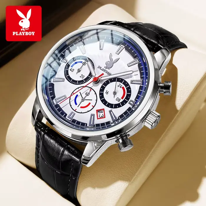 PLAYBOY 3305 Montres originales et authentiques de marque pour homme, bracelet en cuir de luxe, chro