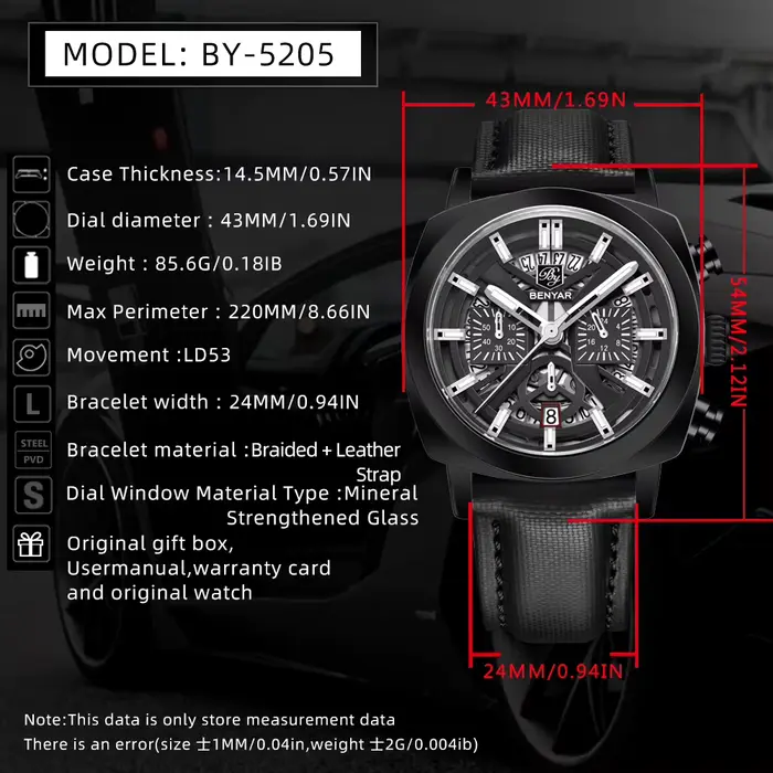 Benyar Design 2025 montre à Quartz pour hommes 43mm cadran lumineux 50m résistant à l'eau Anti-reflet chronographe