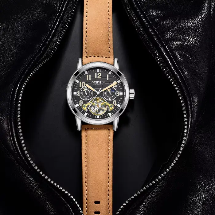 Montre Homme OCHSTIN Tourbillon GMT Automatique Mécanique Squelette Double Fuseau Horaire 24H AM/PM Indicateur Lumineux Bracelet Cuir Luxe Habillé