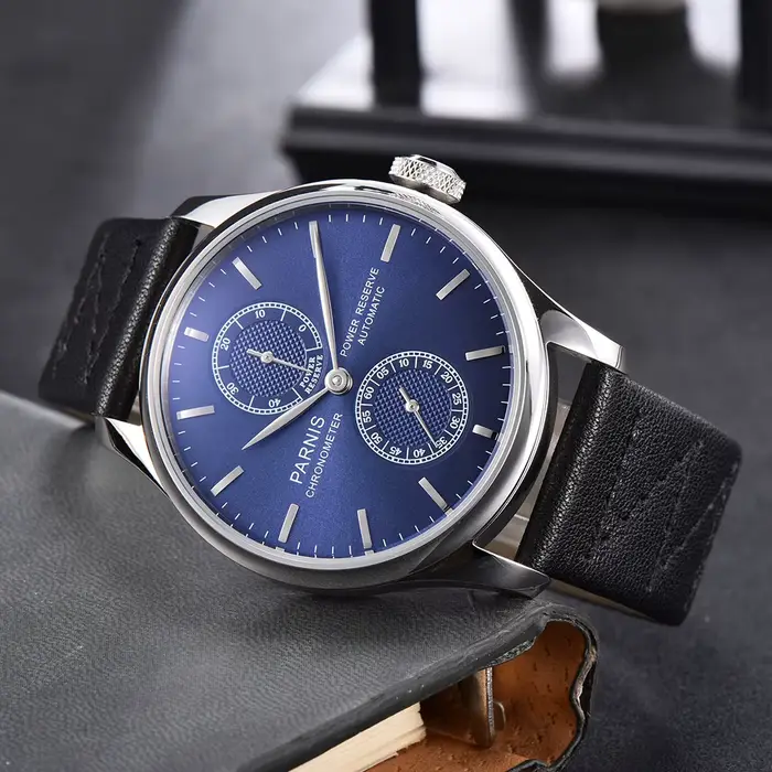 Nouvelle mode Parnis 43mm cadran bleu automatique montre pour hommes réserve de marche montres mécaniques bracelet en