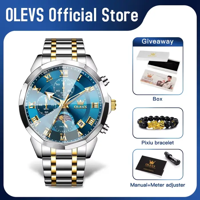 Montre Quartz Multifonctionnelle Chronographe Étanche Phase de Lune Cadeau Original Occasions Spéciales Homme