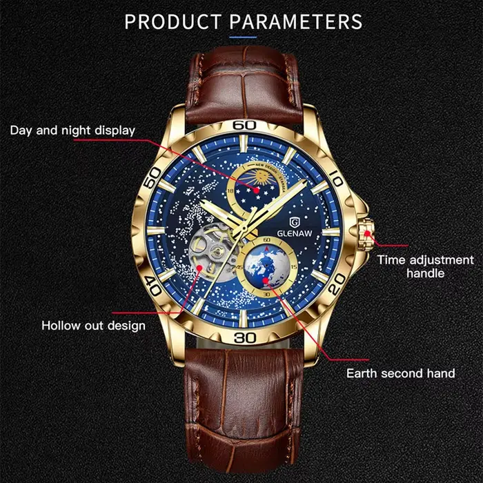 Montre-bracelet automatique mécanique GLENAW pour homme avec cadran rotatif et double aiguille des secondes