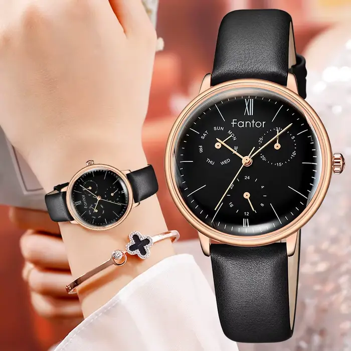 Montre Fantor en laiton et cuir pour femmes, élégante montre-bracelet avec chronographe Quartz pour occasions spéciales