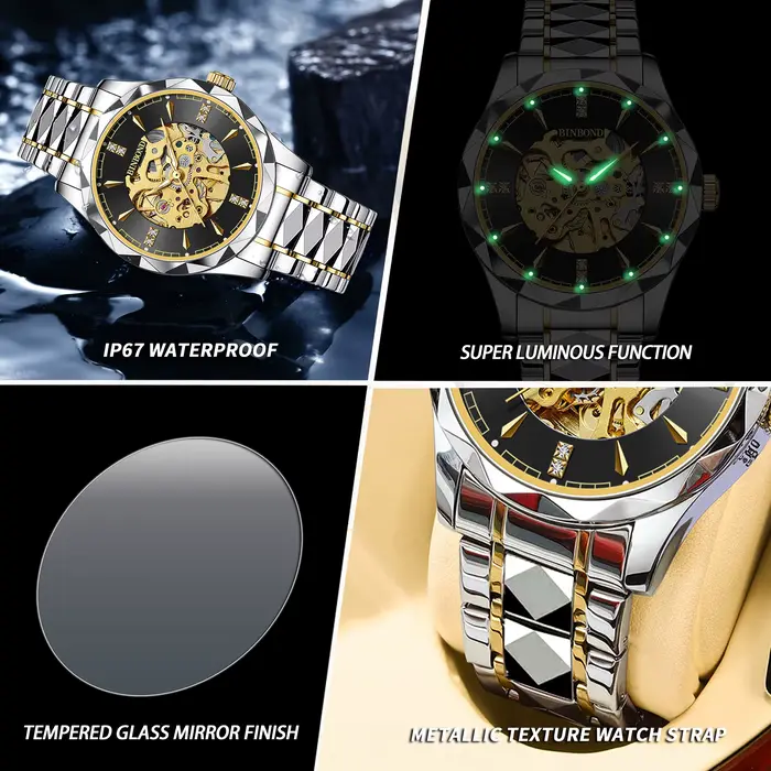 Montre homme BINBOND automatique tourbillon squelette résistante à l'eau et aux chocs pour hommes occassions spéciales élégante à offrir