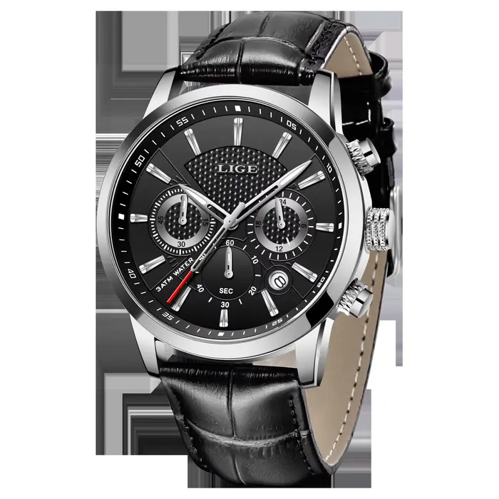 Montres pour hommes LIGE Chronographe, montre-bracelet en cuir quartz pour affaires, montre à date a