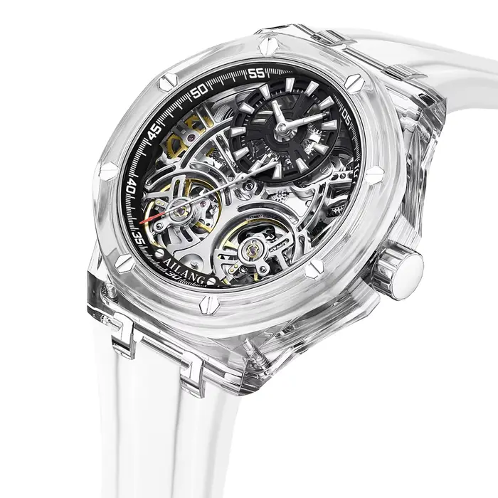 Blanc Double Tourbillon hommes montres de luxe automatique montre mécanique en caoutchouc sport déco