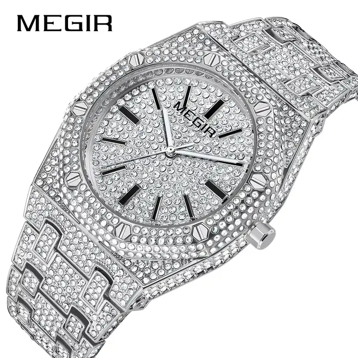 Montre à quartz carrée entièrement sertie de diamants pour hommes et femmes