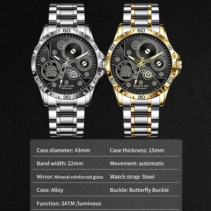 2025 nouvelles montres Glenaw engrenage mécanique tout Design lumineux Style en acier inoxydable montre