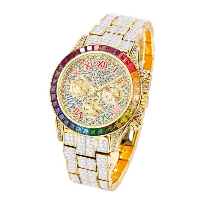 Chronographe hommes montres à Quartz étanche arc-en-ciel diamant luxe glacé montres pour hommes cade