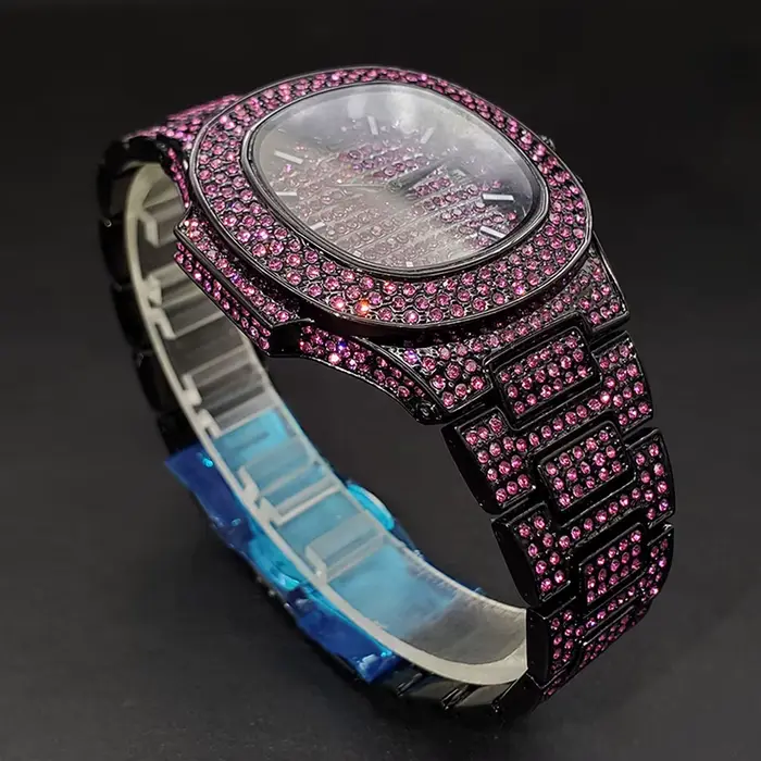 Montre Hip Hop en diamant rose pour hommes