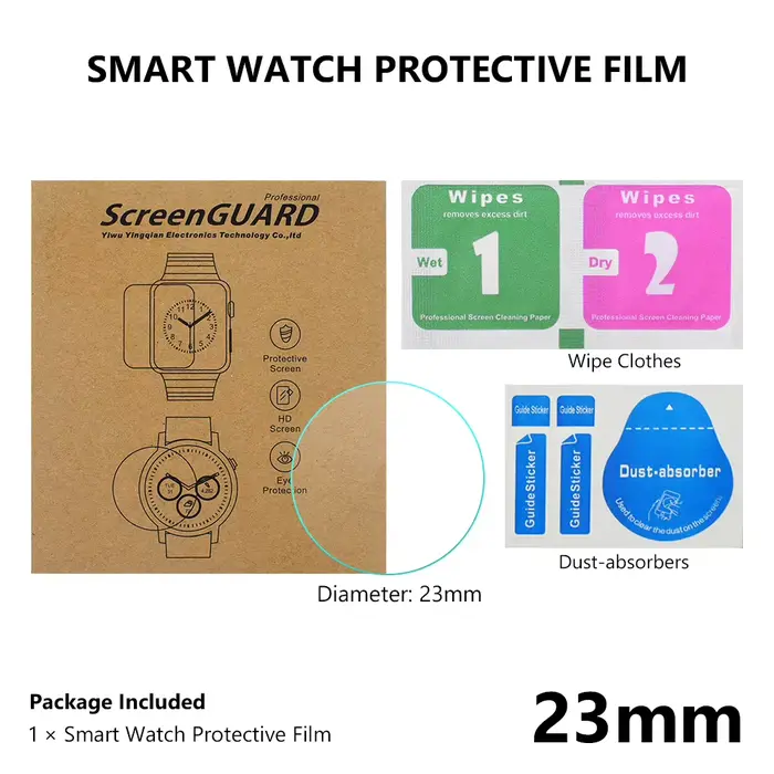 Film de protection d'écran en verre trempé pour montres rondes pleine taille, diamètre 23 24 25 26 2
