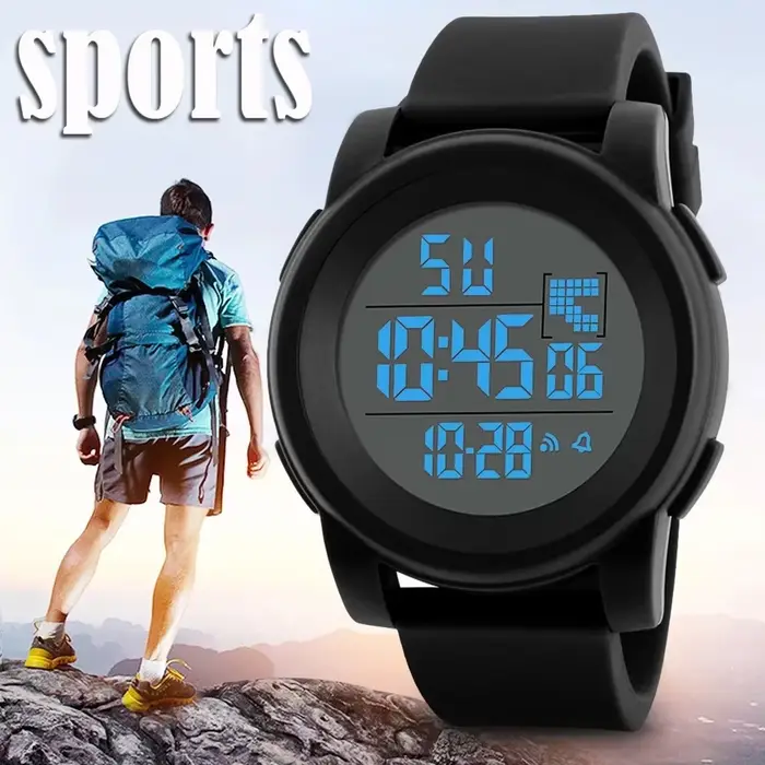 Montre numérique LED noire avec cadran grand et bracelet en caoutchouc pour hommes et femmes occasions spéciales