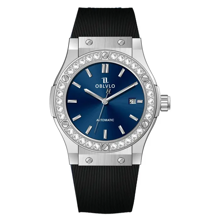 OBLVLO hommes de luxe or Rose cadran noir avec diamants lunette montre automatique étanche élastique mécanique