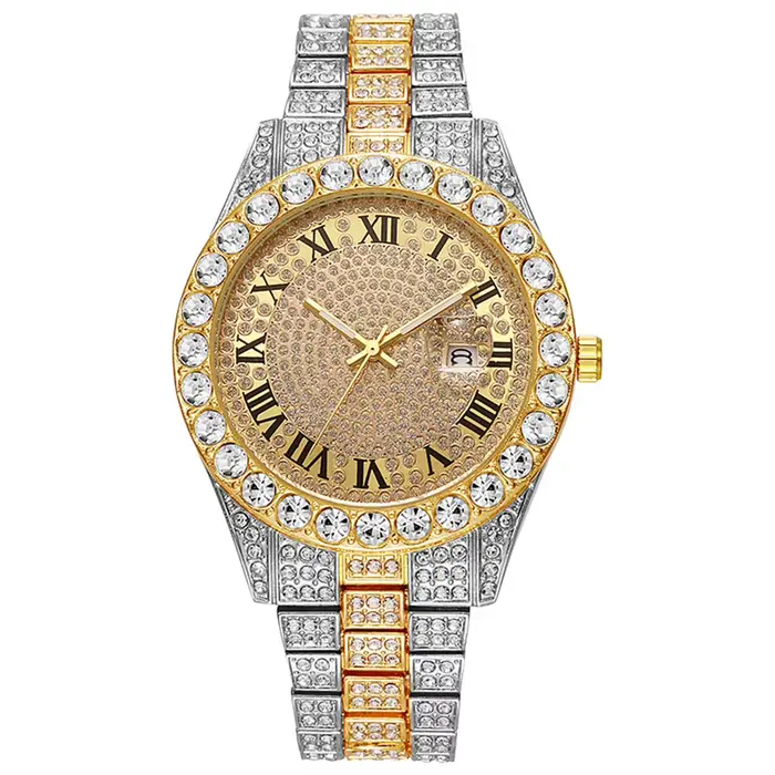 Hip Hop luxe hommes calendrier montre en acier inoxydable couleur or glacé pavé strass montre-bracelet Reloj Hombre