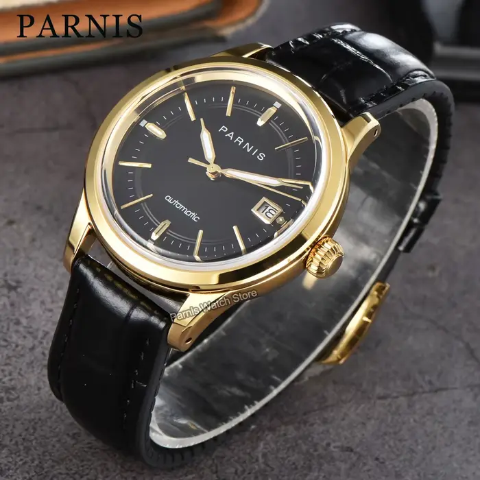 Montre Parnis Or Cadran Noir Automatique Hommes Occasions Spéciales Résistante À L'Eau Avec Boucle À Crochet