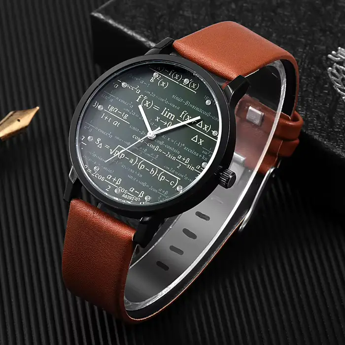 Montre homme à quartz avec formules mathématiques imprimées, bracelet en cuir, étudiant et professionnel, pour occasions quotidiennes et formelles
