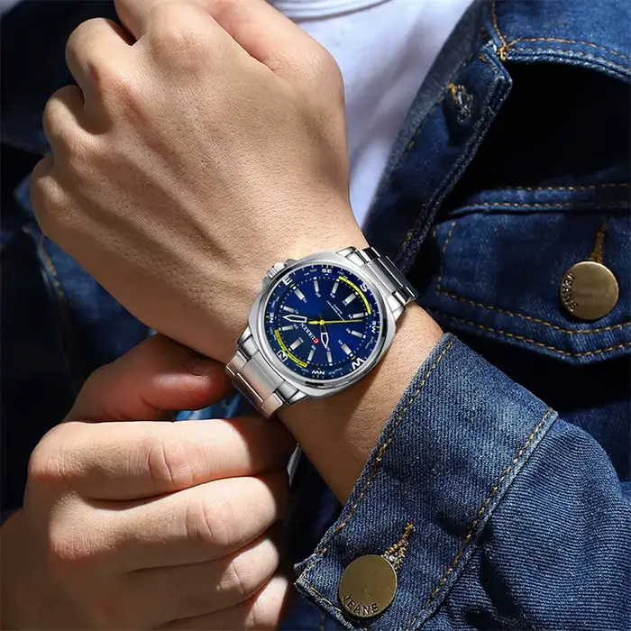Montre Quartz Mode Hommes Affaires Bracelet Acier Inoxydable Veilleuse EAU 3 Bars Occasions Spéciales