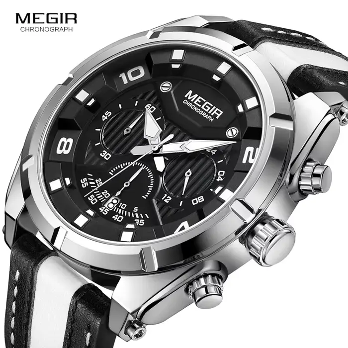 MEGIR mode hommes chronographe montres à Quartz bracelet en cuir aiguilles lumineuses 24 heures sport analogique montre-bracelet pour homme 2076 blanc