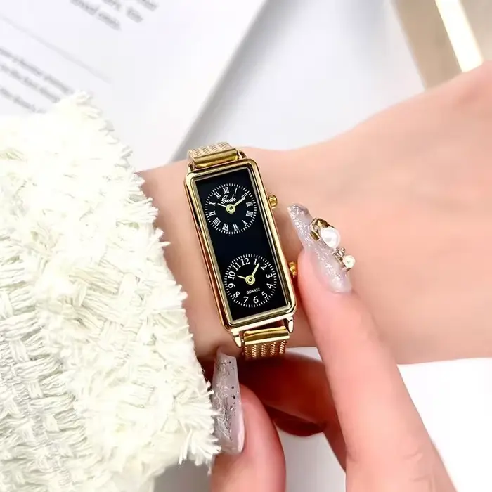 Femmes montre à Quartz de luxe double temps 2 mouvement horloge en acier inoxydable Reloj Mujer Rectangle Orologio filles or argent montre-bracelet