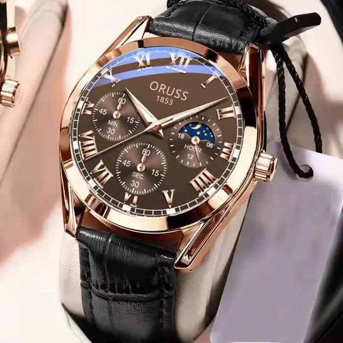 Montre en alliage avec bracelet en cuir résistant à l'eau pour hommes cadran romain aiguilles lumineuses occasions spéciales