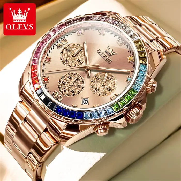 Montre à quartz pour homme OLEVS 2939, marque haut de gamme, lunette sertie de diamants arc-en-ciel,