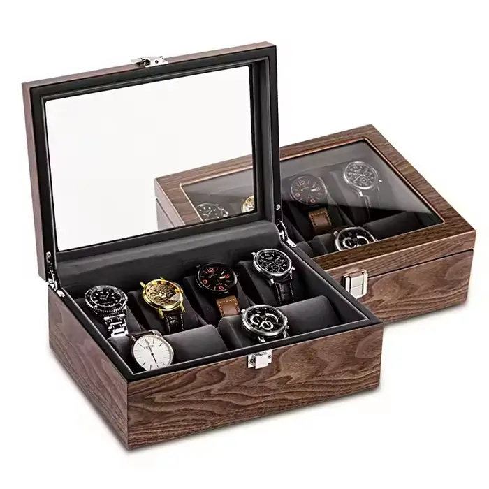 Boite à montres en bois de noyer avec couvercle en verre coussinets amovibles pour protection et présentation de montres occasions spéciales