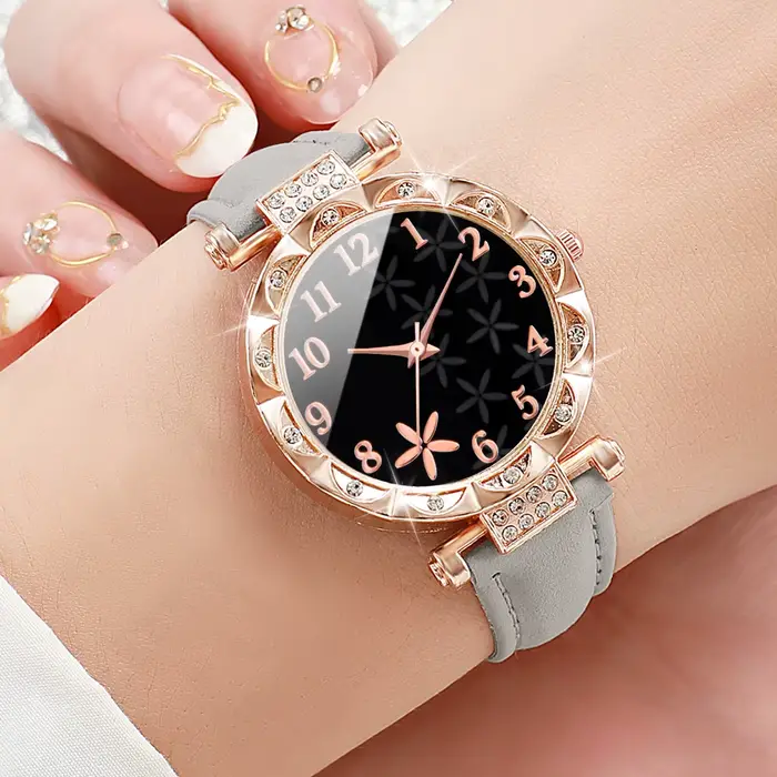 7 pièces/ensemble mode strass montre pour femme bracelet en cuir femme montres à Quartz (sans boîte)