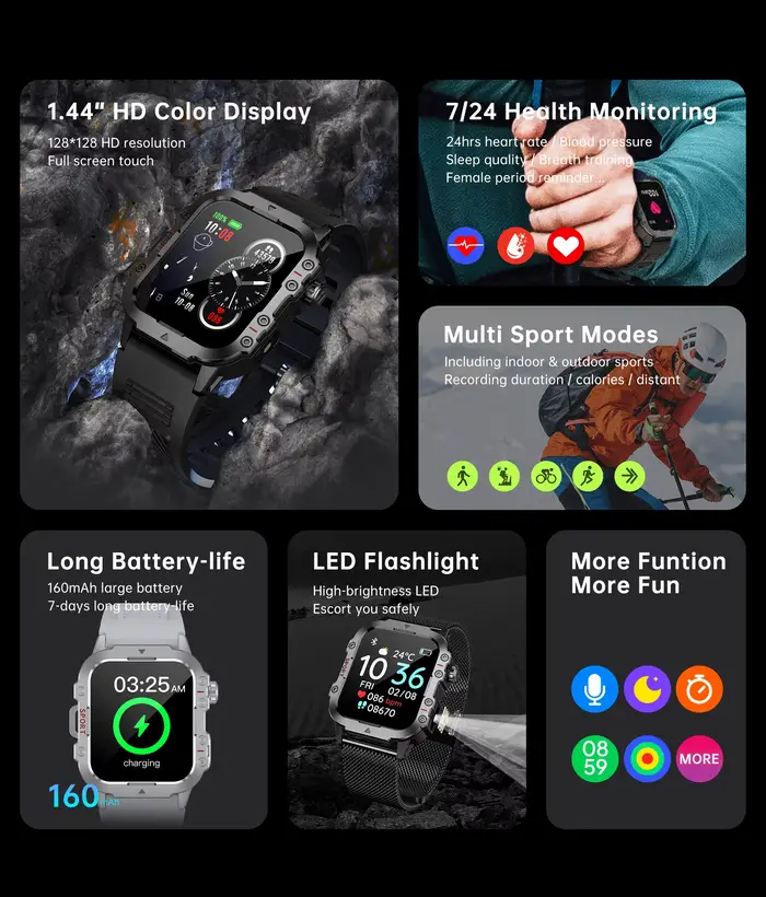 Montre connectée militaire COTAUL avec GPS, suivi sportif et santé, rappel d'appel et message, cadrans personnalisables pour hommes occassions spéciales