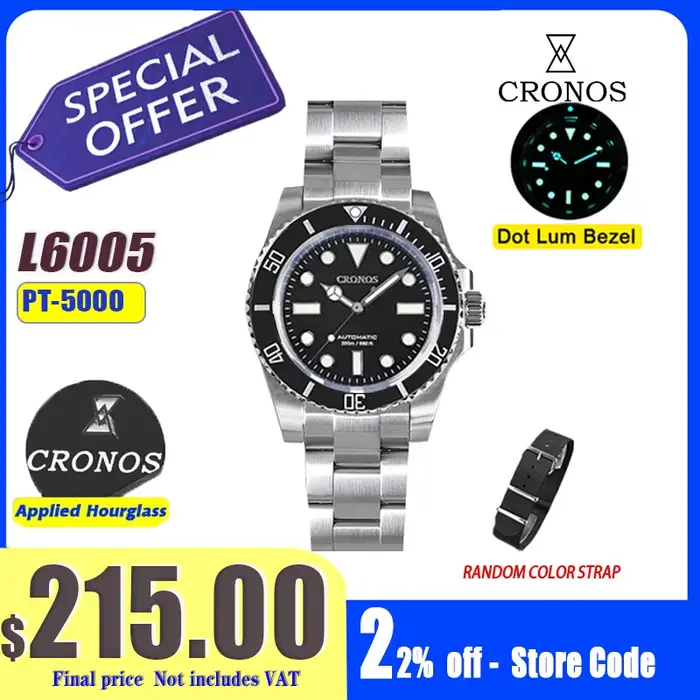 Cronos Sub Diving Montre mécanique automatique pour homme sans date PT5000 Bracelet brossé Lunette en céramique Étanche 200m Fermoir réglable L6005