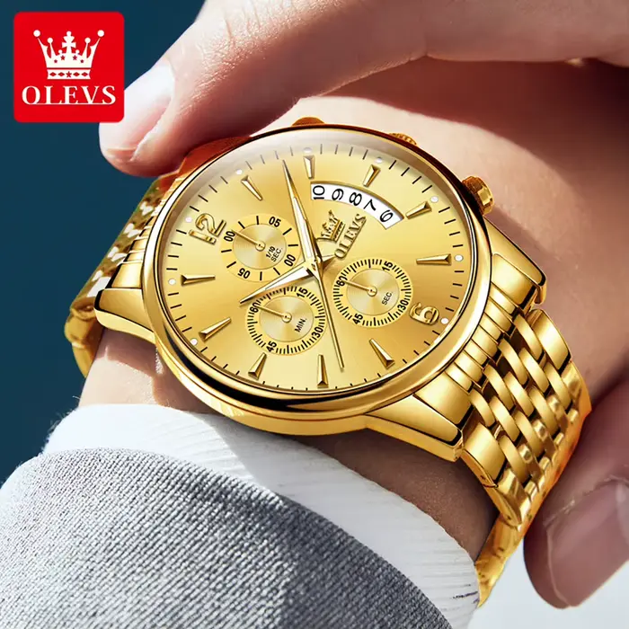 Montre de sport OLEVS en acier inoxydable avec mouvement Quartz, fonctionnalités chronographe et calendrier complet, résistante à l'eau, pour homme occassions sportives et mode